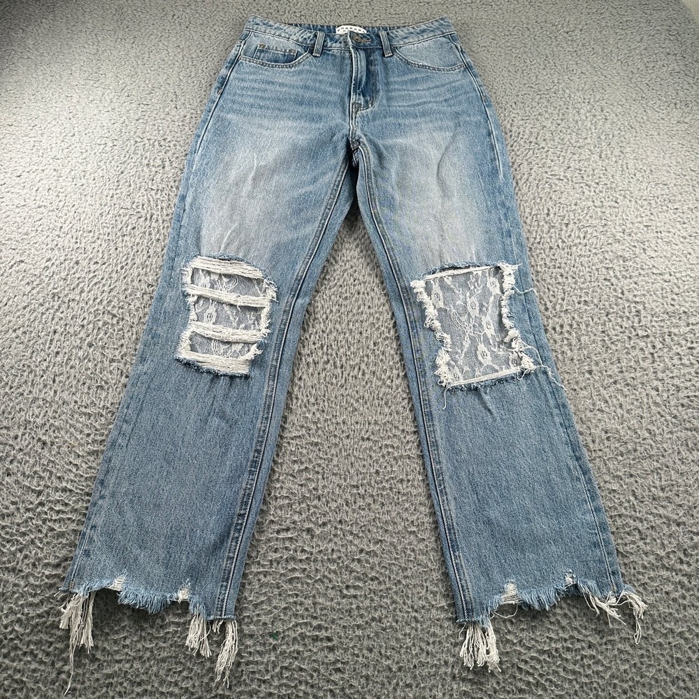 Bayeas Women's Jeans High Rise Crop Straight Leg 25 Lace Patch Distressed